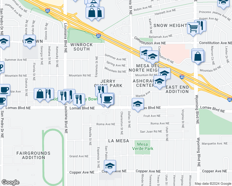 map of restaurants, bars, coffee shops, grocery stores, and more near 7716 El Conde Avenue Northeast in Albuquerque