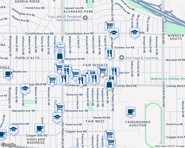 map of restaurants, bars, coffee shops, grocery stores, and more near 1201 Valencia Drive Northeast in Albuquerque