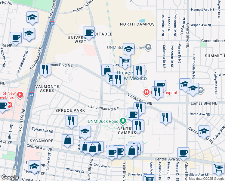 map of restaurants, bars, coffee shops, grocery stores, and more near 1700 Lomas Boulevard Northeast in Albuquerque