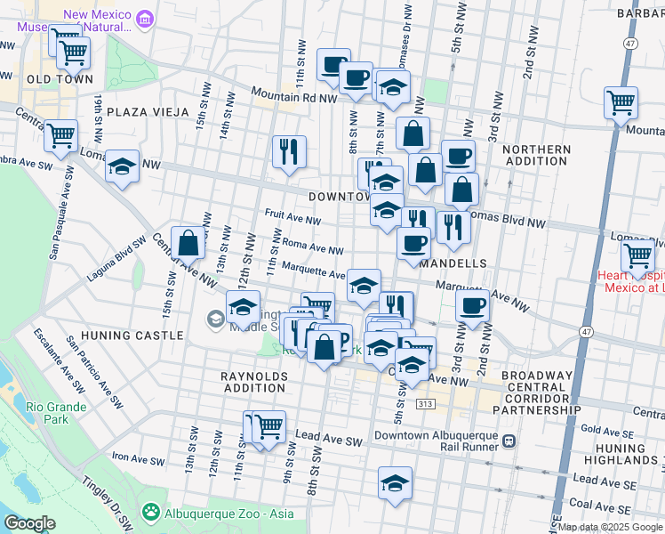 map of restaurants, bars, coffee shops, grocery stores, and more near 500 Keleher Avenue Northwest in Albuquerque
