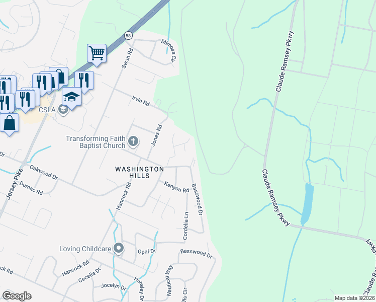 map of restaurants, bars, coffee shops, grocery stores, and more near 5610 Delaine Lane in Chattanooga