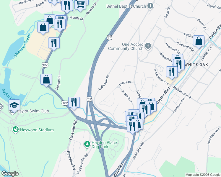 map of restaurants, bars, coffee shops, grocery stores, and more near 422 Lullwater Road in Chattanooga