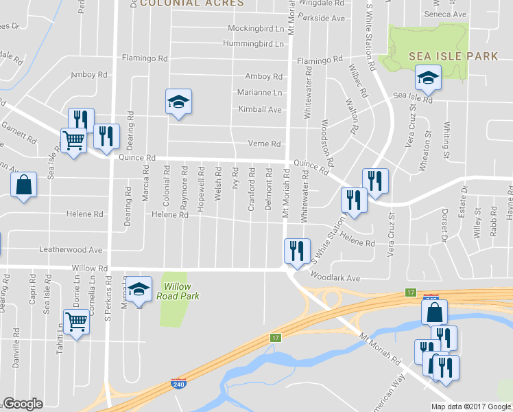 map of restaurants, bars, coffee shops, grocery stores, and more near 1534 Cranford Road in Memphis