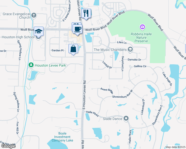 map of restaurants, bars, coffee shops, grocery stores, and more near 1995 Coors Creek Drive in Collierville