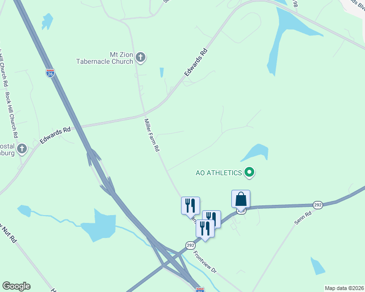map of restaurants, bars, coffee shops, grocery stores, and more near 215 Plantation Lane in Inman