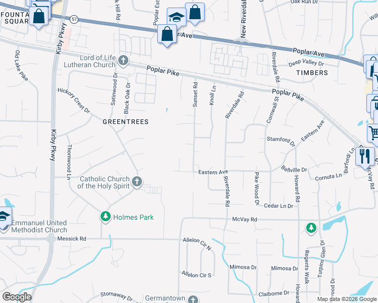 map of restaurants, bars, coffee shops, grocery stores, and more near 7017 Western Street in Memphis