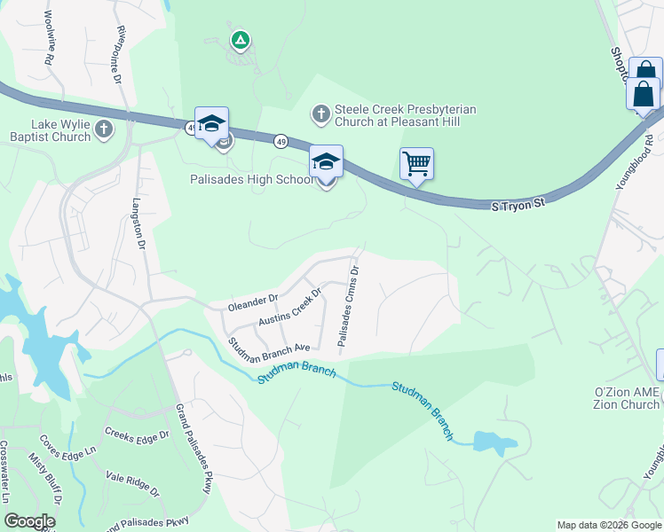 map of restaurants, bars, coffee shops, grocery stores, and more near 15206 Oleander Drive in Charlotte