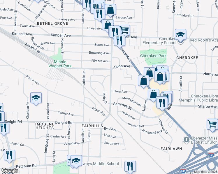 map of restaurants, bars, coffee shops, grocery stores, and more near 2048 Pendleton Street in Memphis