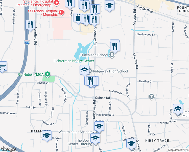 map of restaurants, bars, coffee shops, grocery stores, and more near 2009 Ridgeway Road in Memphis