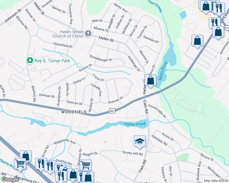 map of restaurants, bars, coffee shops, grocery stores, and more near 1614 Morehead Avenue in Fayetteville