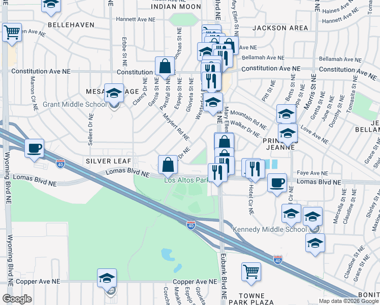 map of restaurants, bars, coffee shops, grocery stores, and more near 1100 Walker Drive Northeast in Albuquerque