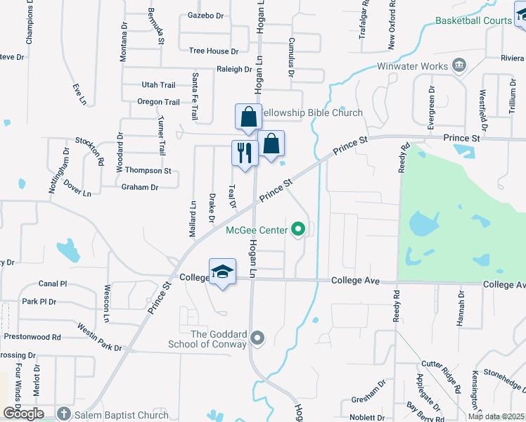 map of restaurants, bars, coffee shops, grocery stores, and more near 4095 Prince Street in Conway