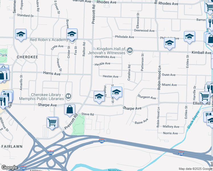 map of restaurants, bars, coffee shops, grocery stores, and more near 3456 Kirby Avenue in Memphis