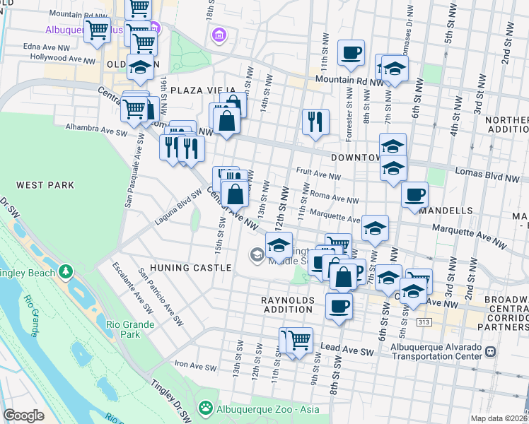 map of restaurants, bars, coffee shops, grocery stores, and more near 217 13th Street Northwest in Albuquerque