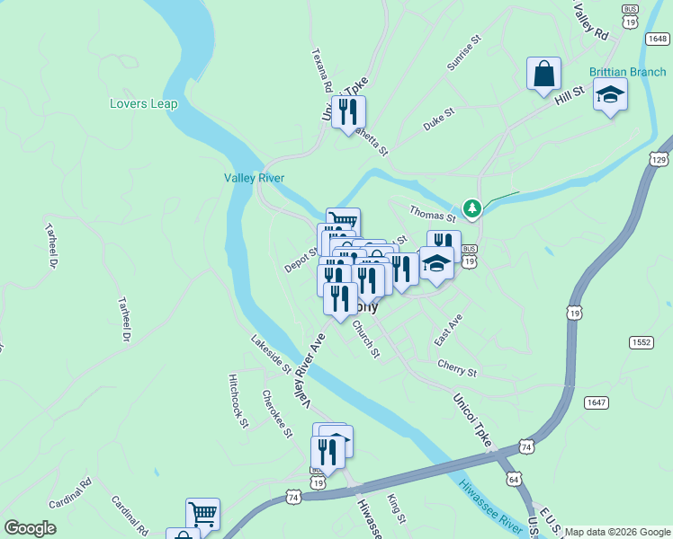 map of restaurants, bars, coffee shops, grocery stores, and more near 133 Tennessee Street in Murphy
