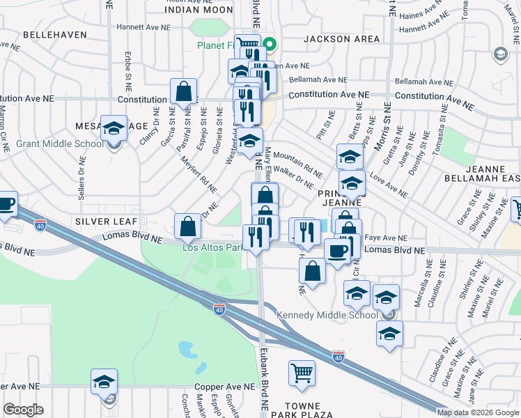 map of restaurants, bars, coffee shops, grocery stores, and more near 1132 Wade Circle Northeast in Albuquerque