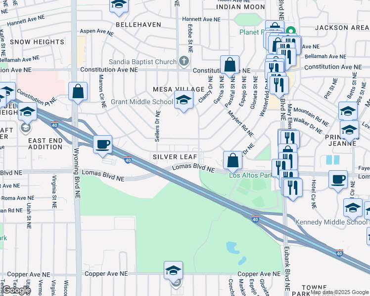 map of restaurants, bars, coffee shops, grocery stores, and more near 9416 Luthy Circle Northeast in Albuquerque