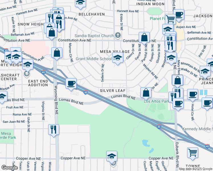 map of restaurants, bars, coffee shops, grocery stores, and more near 1008 Sellers Drive Northeast in Albuquerque