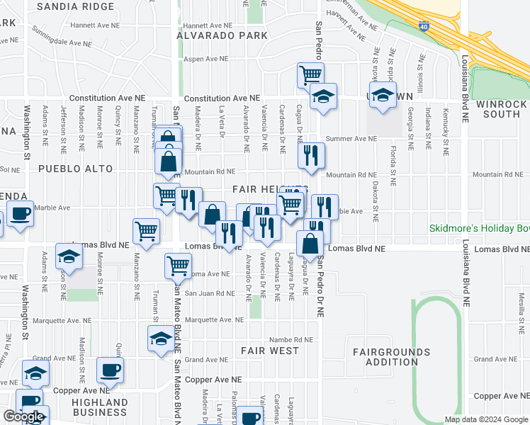map of restaurants, bars, coffee shops, grocery stores, and more near 1201 Valencia Drive Northeast in Albuquerque