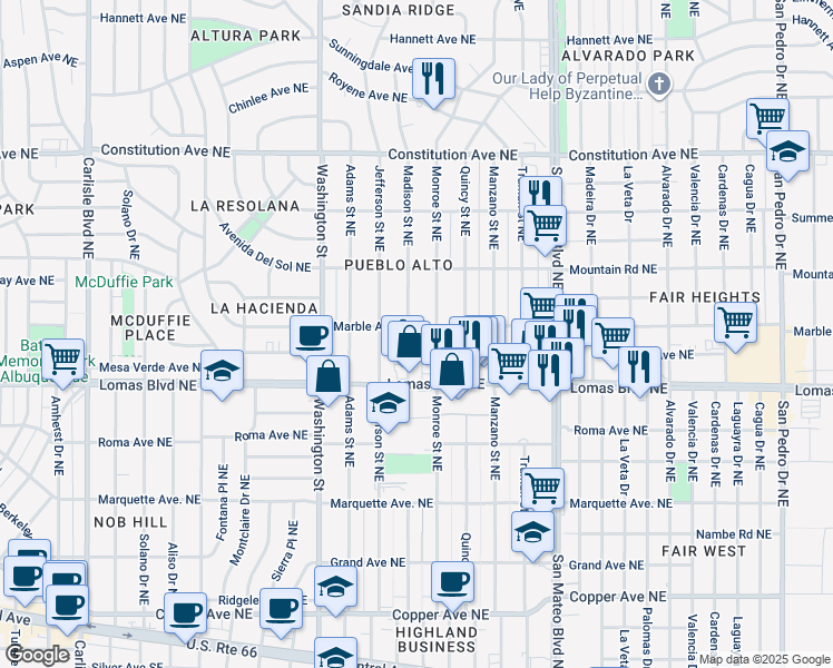 map of restaurants, bars, coffee shops, grocery stores, and more near 4801 Marble Avenue in Albuquerque