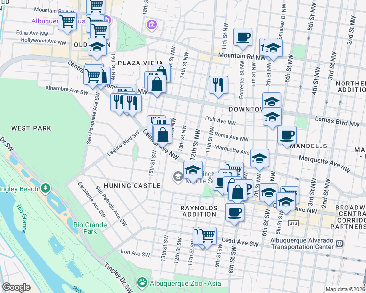 map of restaurants, bars, coffee shops, grocery stores, and more near 217 13th Street Northwest in Albuquerque