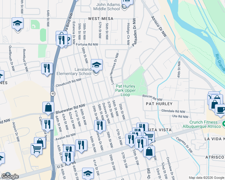 map of restaurants, bars, coffee shops, grocery stores, and more near 441 Loma Hermosa Drive Northwest in Albuquerque