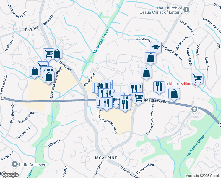 map of restaurants, bars, coffee shops, grocery stores, and more near 7755 Little Avenue in Charlotte