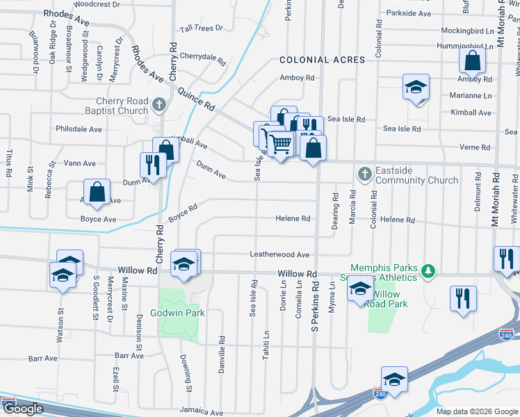 map of restaurants, bars, coffee shops, grocery stores, and more near 4560 Boyce Road in Memphis