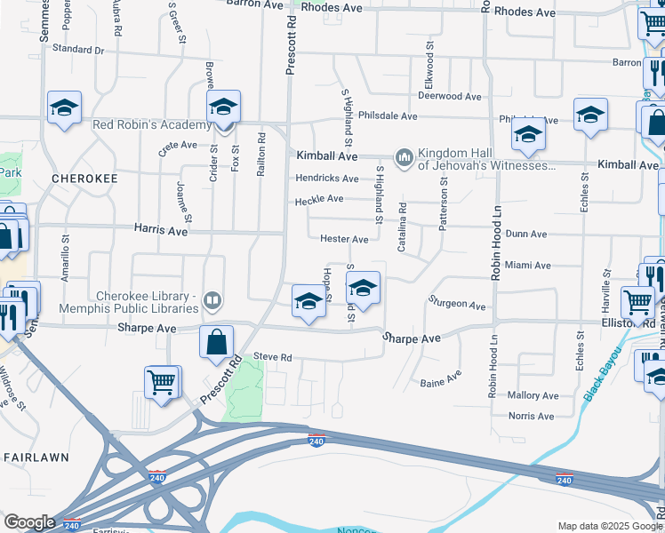map of restaurants, bars, coffee shops, grocery stores, and more near 3456 Kirby Avenue in Memphis