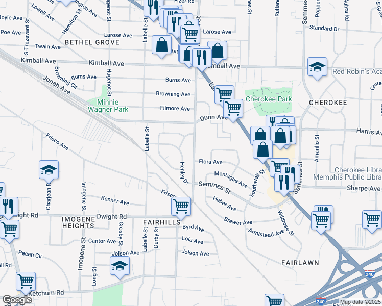 map of restaurants, bars, coffee shops, grocery stores, and more near 2048 Pendleton Street in Memphis