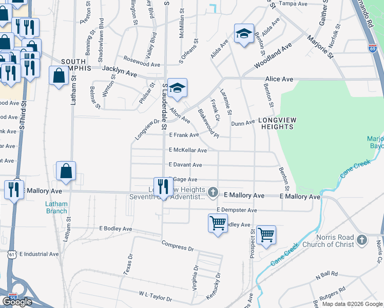 map of restaurants, bars, coffee shops, grocery stores, and more near 628 East McKellar Avenue in Memphis