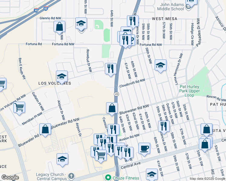 map of restaurants, bars, coffee shops, grocery stores, and more near 455 Coors Boulevard Northwest in Albuquerque