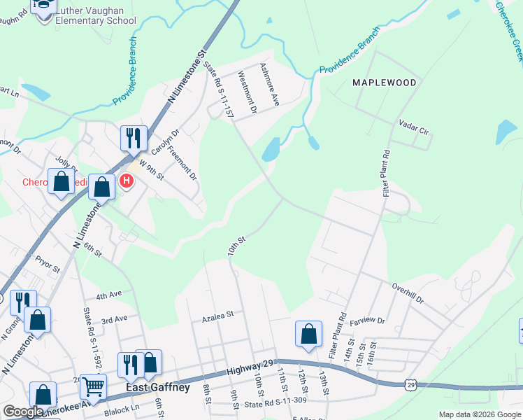 map of restaurants, bars, coffee shops, grocery stores, and more near 865 10th Street in Gaffney