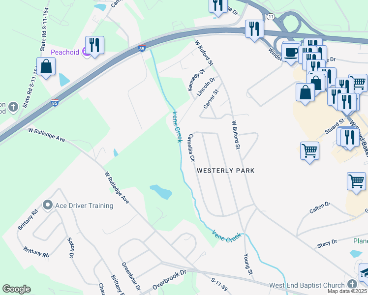 map of restaurants, bars, coffee shops, grocery stores, and more near 198 Camellia Circle in Gaffney