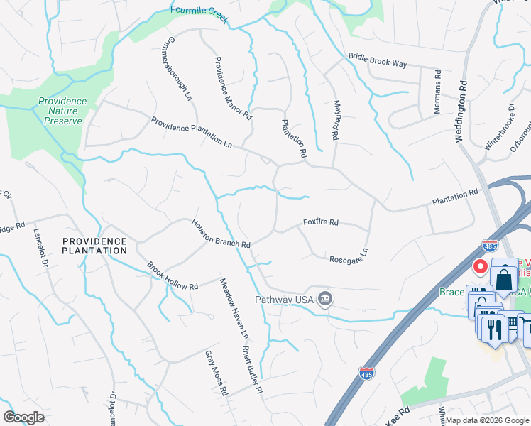 map of restaurants, bars, coffee shops, grocery stores, and more near 2408 Houston Branch Road in Charlotte