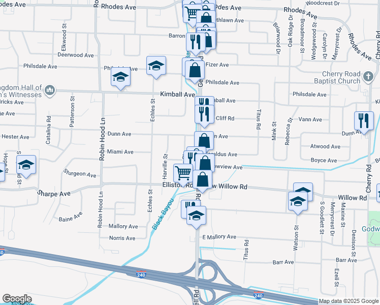 map of restaurants, bars, coffee shops, grocery stores, and more near 1541 Stribling Street in Memphis