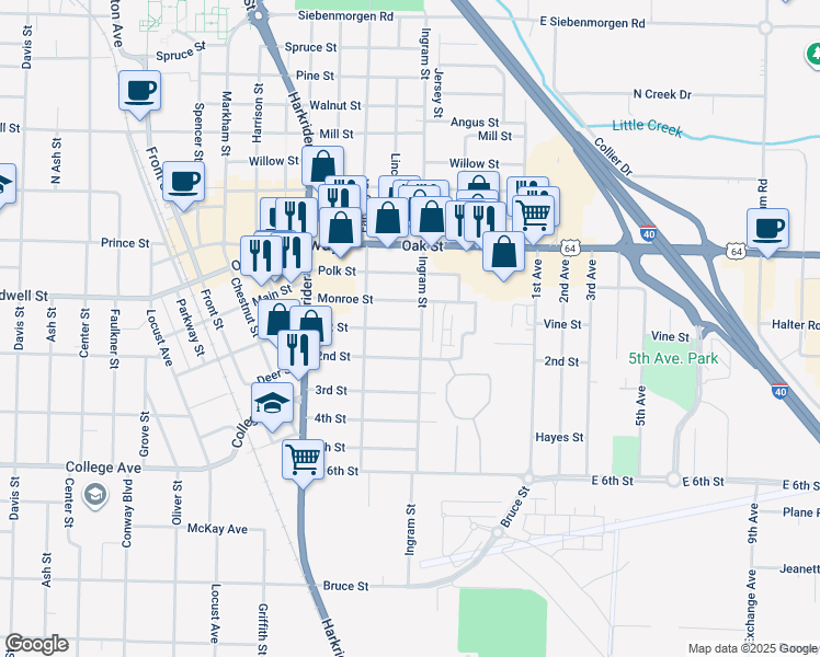 map of restaurants, bars, coffee shops, grocery stores, and more near 510 1st Street in Conway
