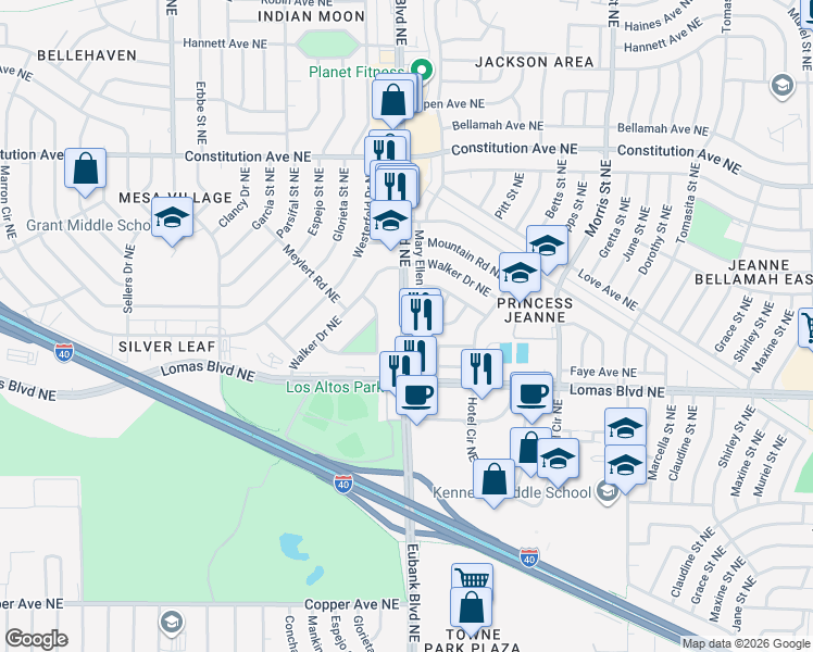 map of restaurants, bars, coffee shops, grocery stores, and more near 1132 Wade Circle Northeast in Albuquerque