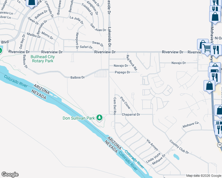 map of restaurants, bars, coffee shops, grocery stores, and more near 2400 Bojorquez Ranch Road in Bullhead City