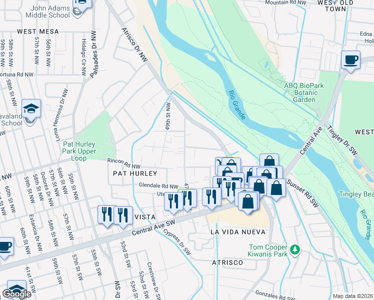 map of restaurants, bars, coffee shops, grocery stores, and more near 3419 Herrera Road Northwest in Albuquerque