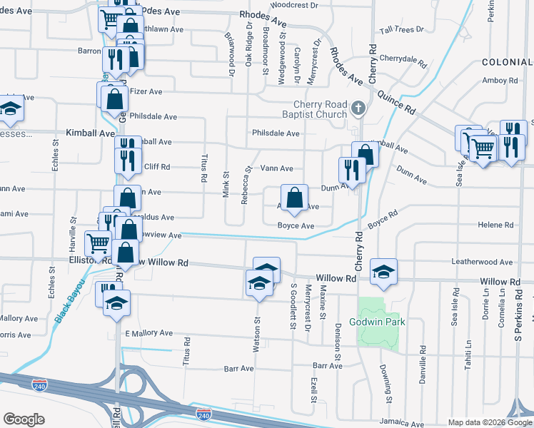 map of restaurants, bars, coffee shops, grocery stores, and more near 4198 Atwood Avenue in Memphis