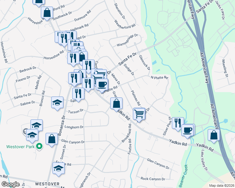 map of restaurants, bars, coffee shops, grocery stores, and more near 5460 Granger Place in Fayetteville