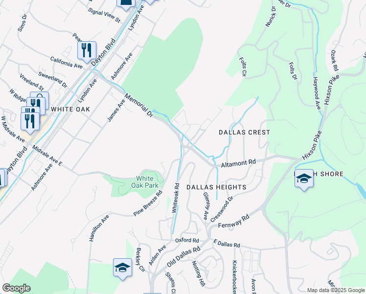 map of restaurants, bars, coffee shops, grocery stores, and more near Memorial Drive in Chattanooga