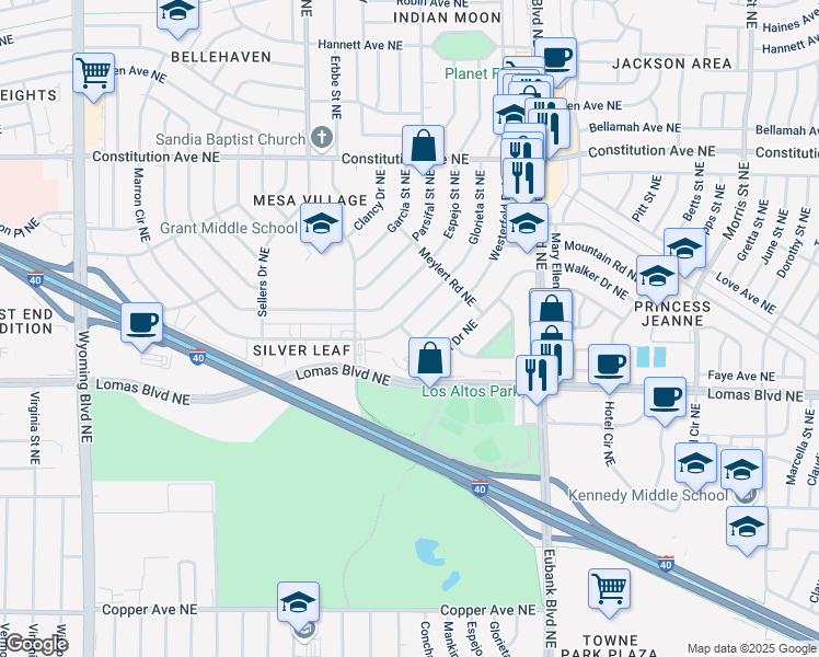 map of restaurants, bars, coffee shops, grocery stores, and more near 1112 Glorieta Street Northeast in Albuquerque