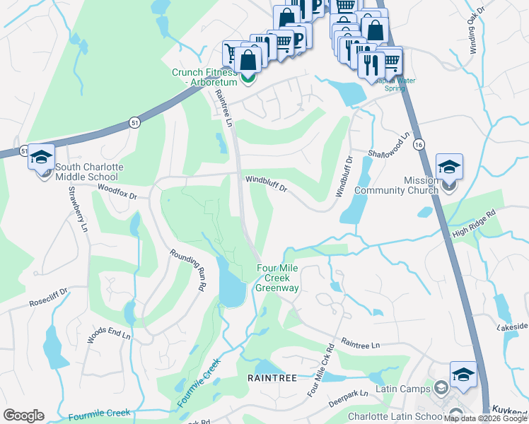 map of restaurants, bars, coffee shops, grocery stores, and more near 3739 Windbluff Drive in Charlotte