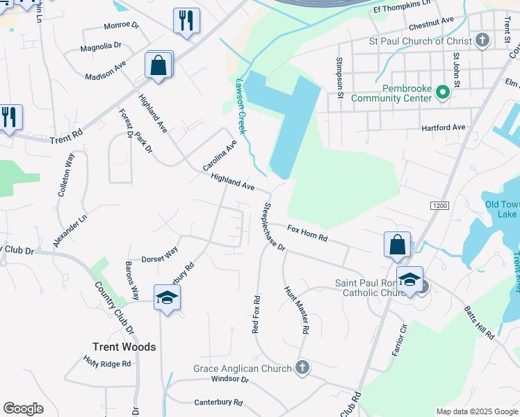 map of restaurants, bars, coffee shops, grocery stores, and more near 2505 Steeplechase Drive in Trent Woods