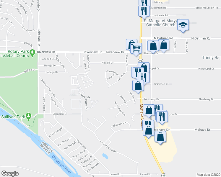 map of restaurants, bars, coffee shops, grocery stores, and more near 2322 Kaibab Drive in Bullhead City