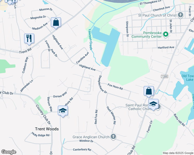 map of restaurants, bars, coffee shops, grocery stores, and more near 2505 Steeplechase Drive in Trent Woods
