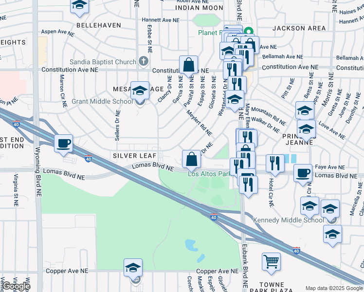 map of restaurants, bars, coffee shops, grocery stores, and more near 1112 Glorieta Street Northeast in Albuquerque