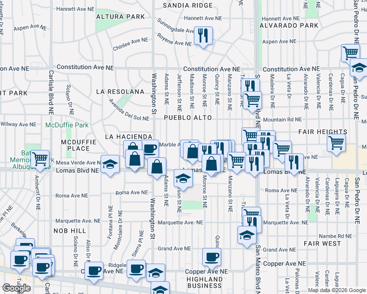 map of restaurants, bars, coffee shops, grocery stores, and more near 701 Jefferson Street Northeast in Albuquerque
